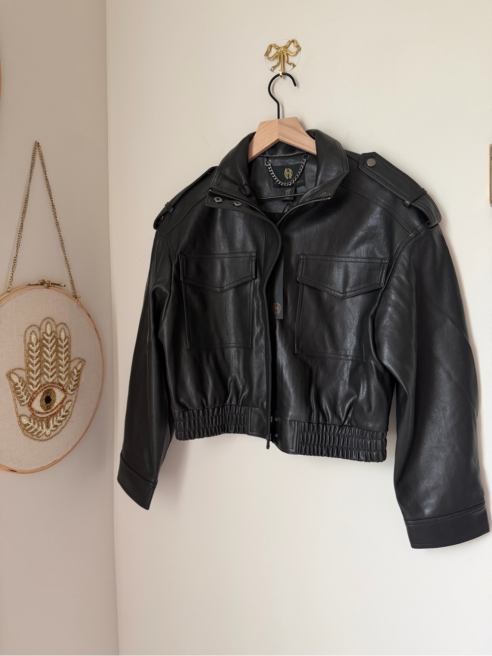 House of Harlow 1960 Black faux Leather zip up Bomber Jacket